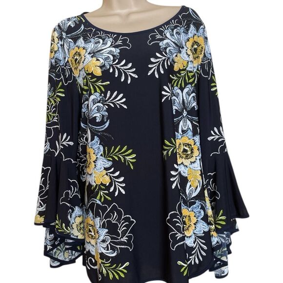 Coco Bianco Bell Sleeve Tunic in Blue and yellow XL silky soft - Picture 1 of 6